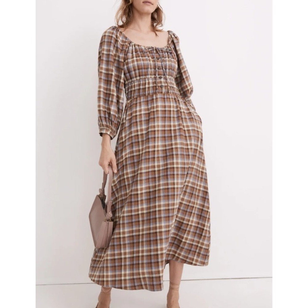 Madewell Brown Plaid Long Sleeve Midi Dress